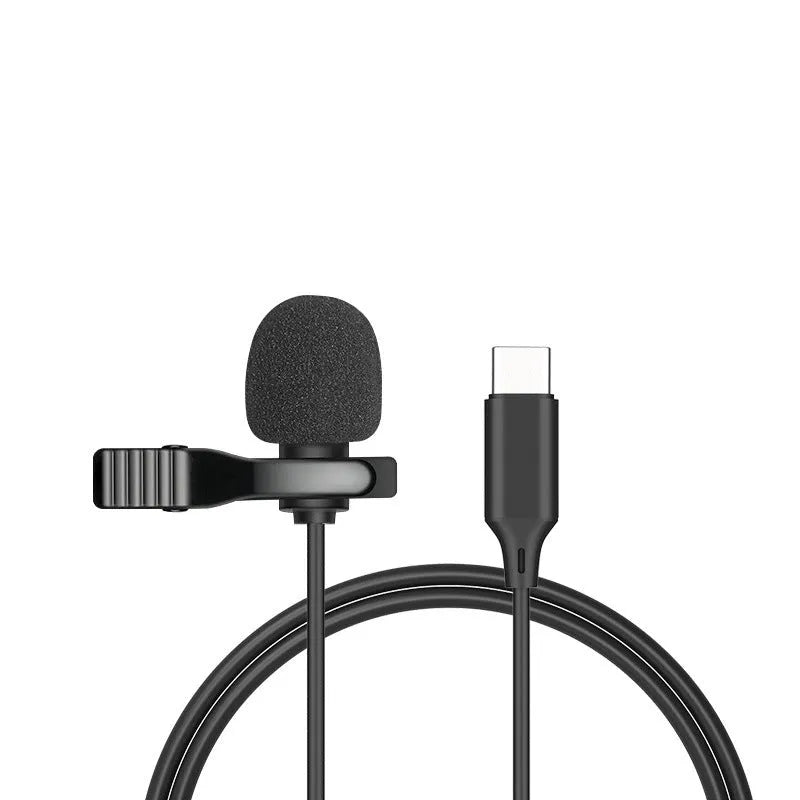 Lavalier clip microphone with in-ear monitors and multiple connector options including 3.5mm and Type-C