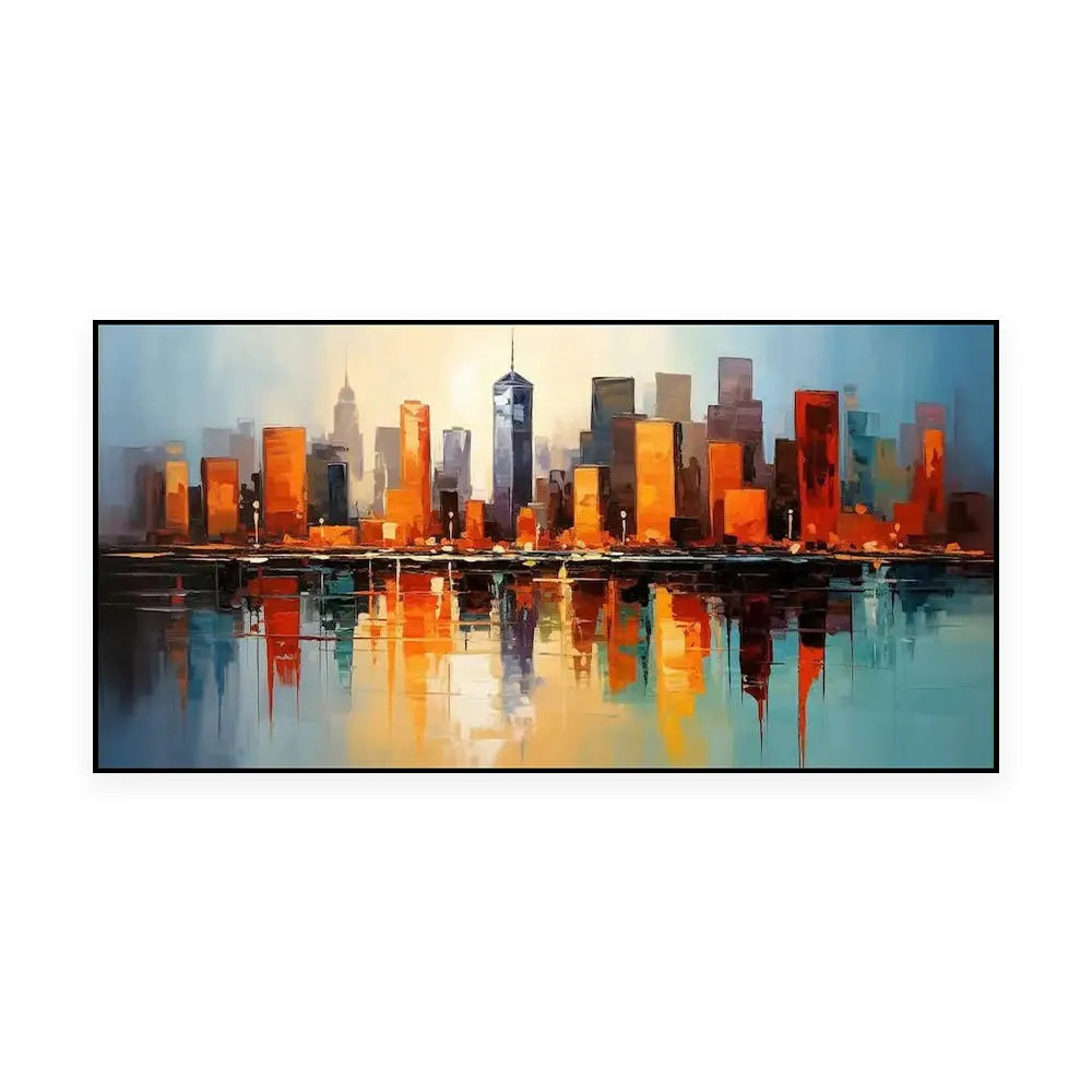 Handmade oil painting on canvas, modern abstract urban architectural street scene, frameless rolled horizontal artwork for wall decor