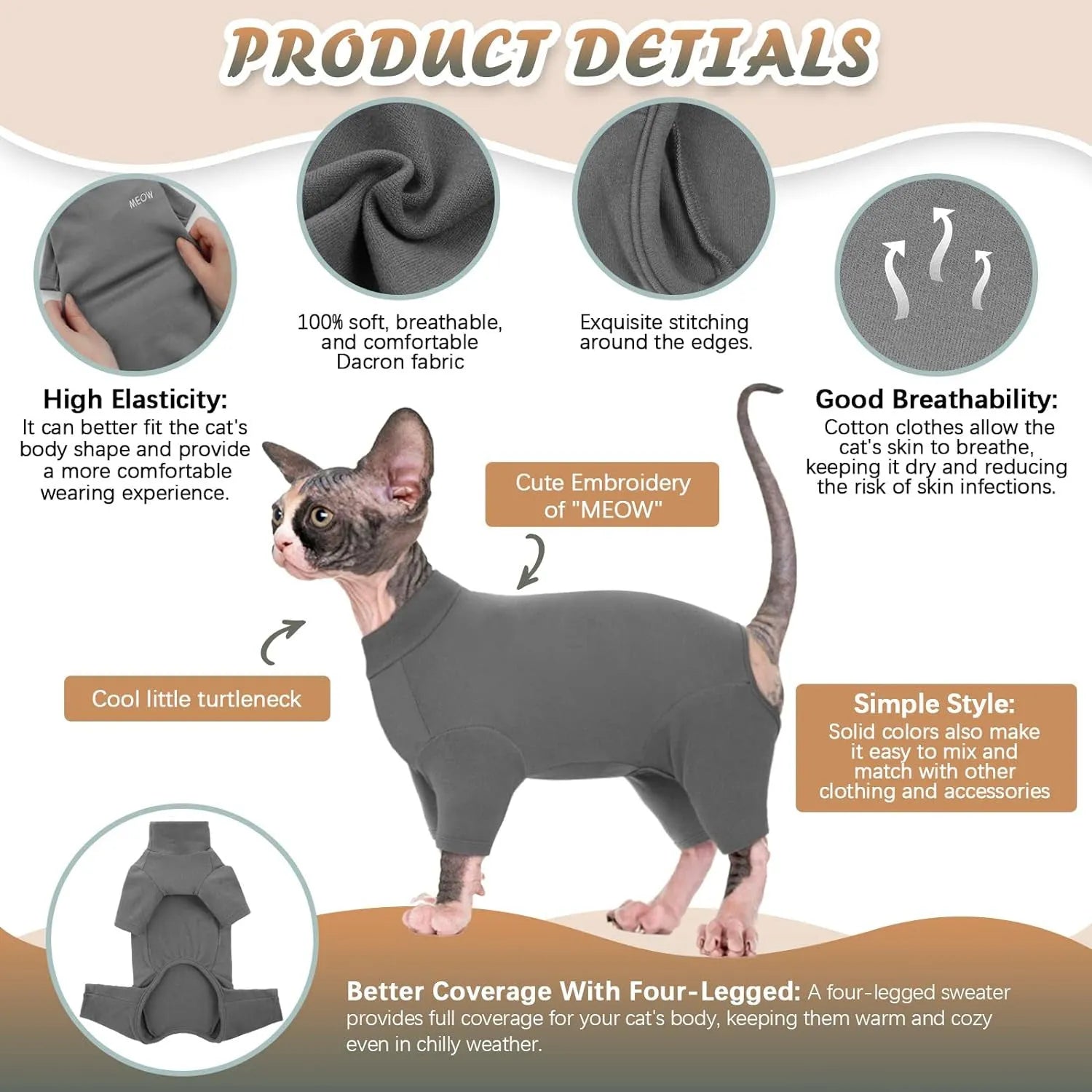 Turtleneck pullover cat sweater for hairless breeds with long sleeves and soft fabric