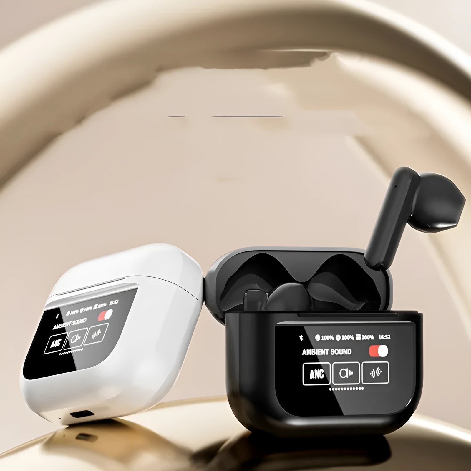 Bluetooth headset with full-colour LCD touch screen showing YX28 display in white colour option