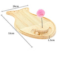 Natural wood coloured cat scratcher made of pine wood and rex rabbit fur, placed on floor for pet play