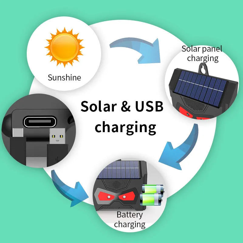 Black animal-shaped solar ultrasonic pest repeller for outdoor use.