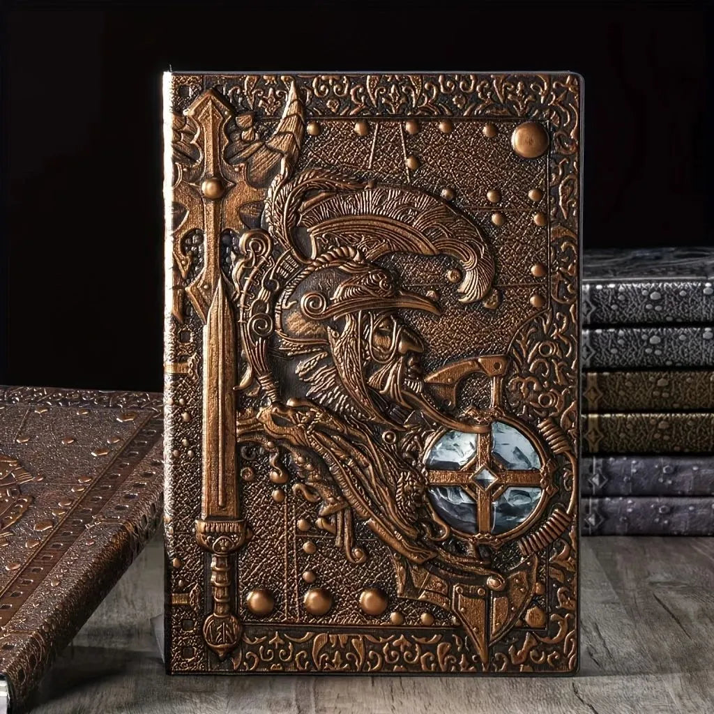 A5 leather notebook with an embossed 3D warriors relief design on the cover in bronze colour.
