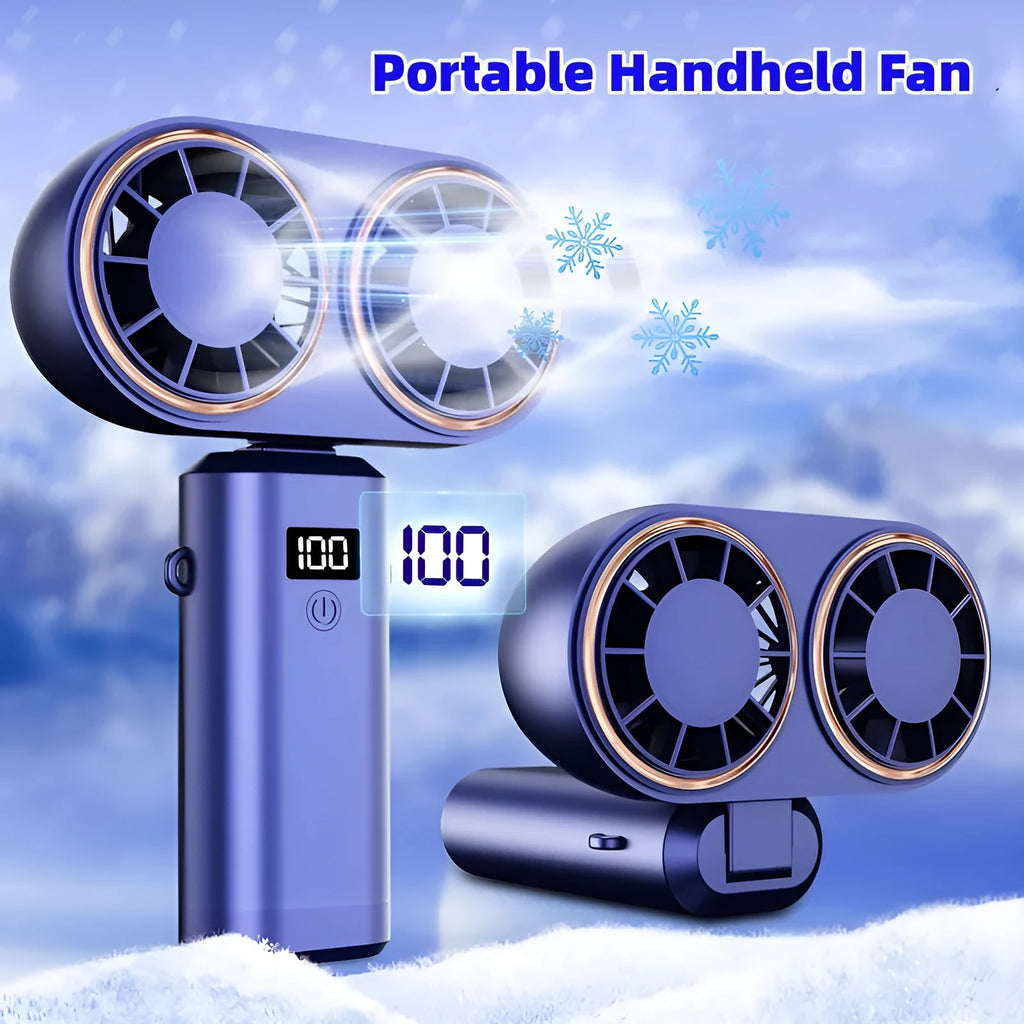 USB handheld mini fan folded showing digital display, available in milky white, pink, and dark blue colours