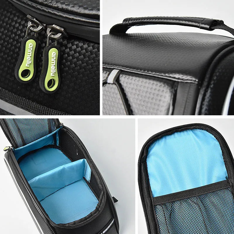 Waterproof black bicycle rear rack bag mounted on bike with 8-litre capacity