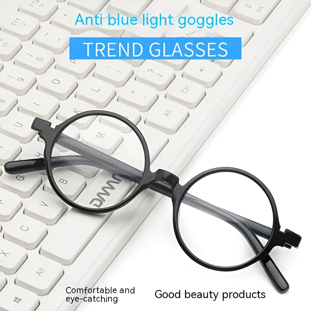 Retro round glasses frame with flat mirror lenses in bright black colour option