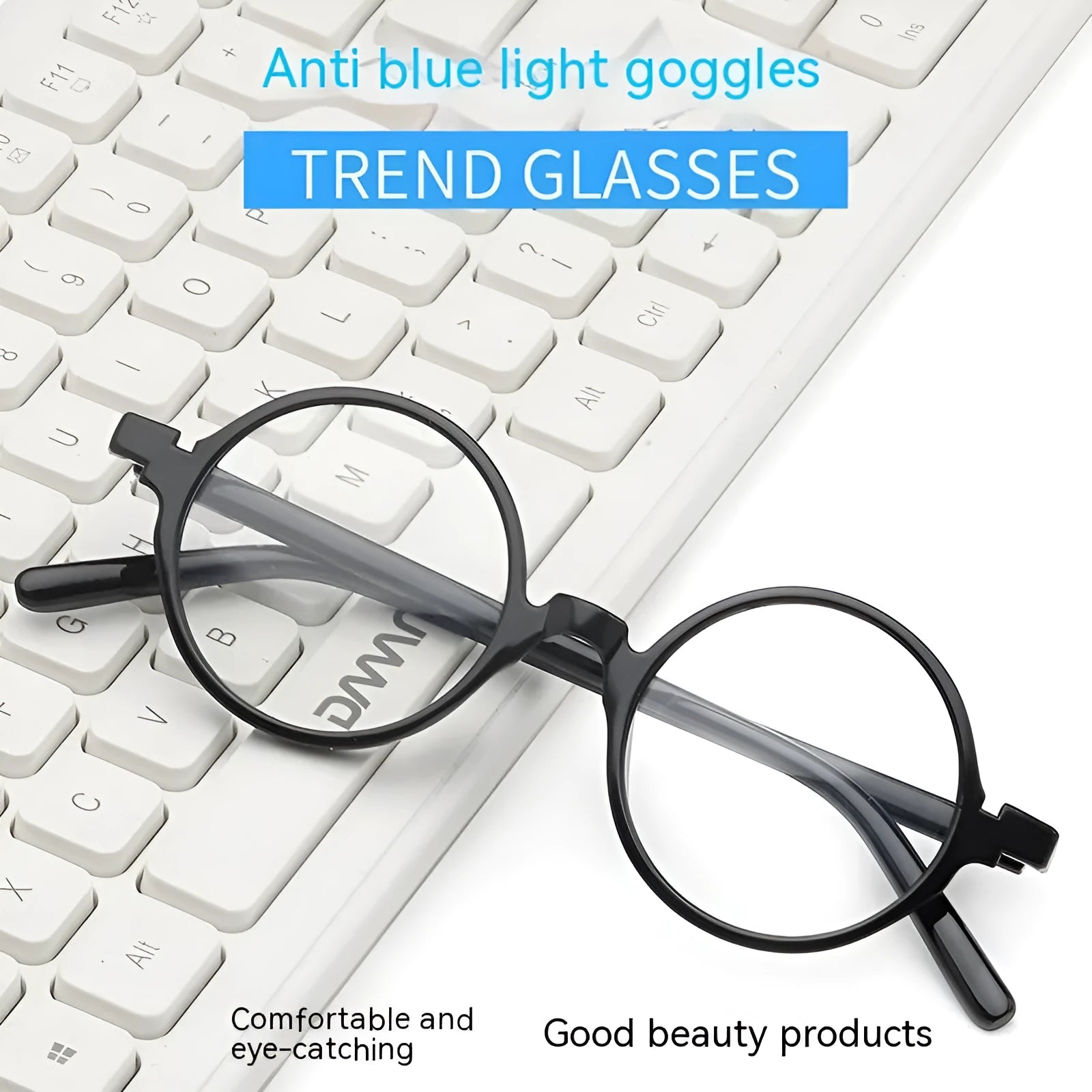 Retro round glasses frame with flat mirror lenses in bright black colour option