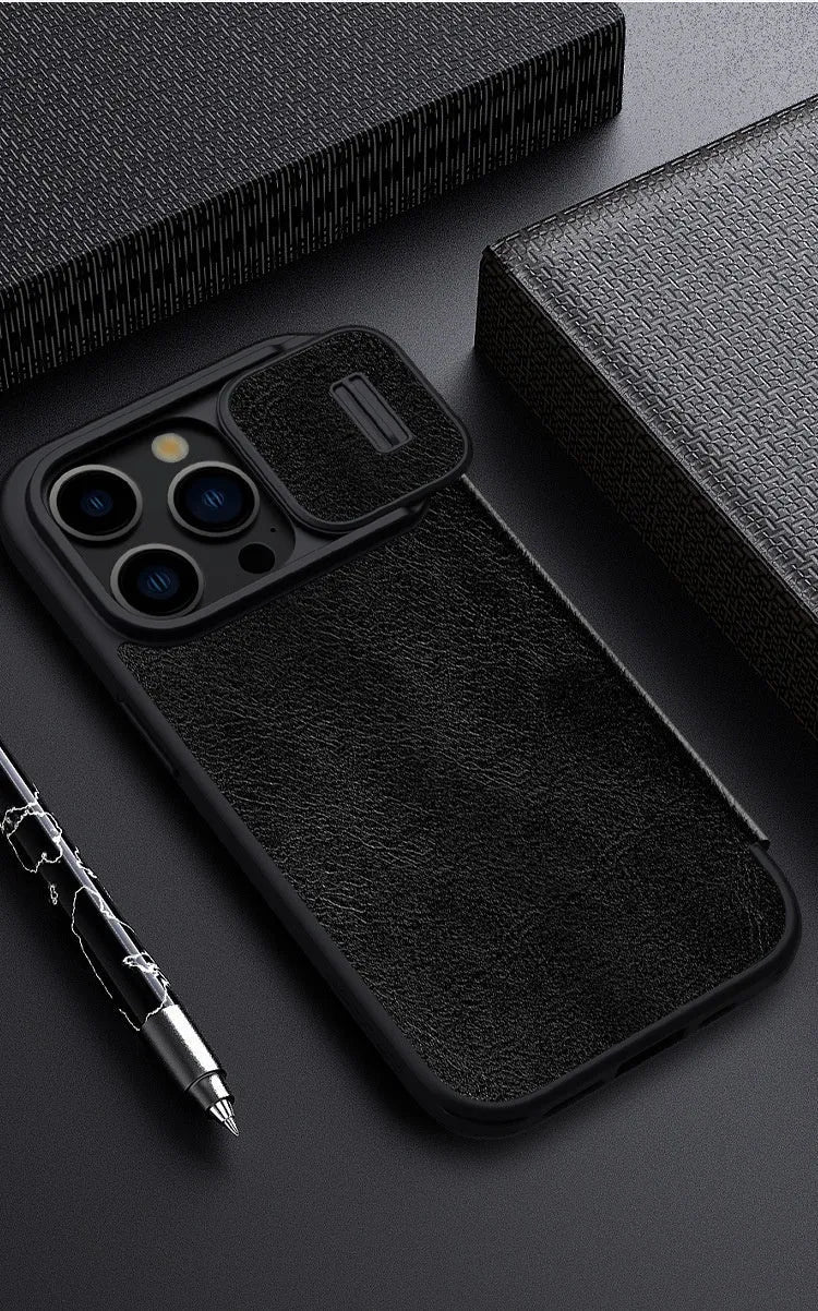 Imitation leather flip phone case for iPhone 15 series in black, brown, and red colours