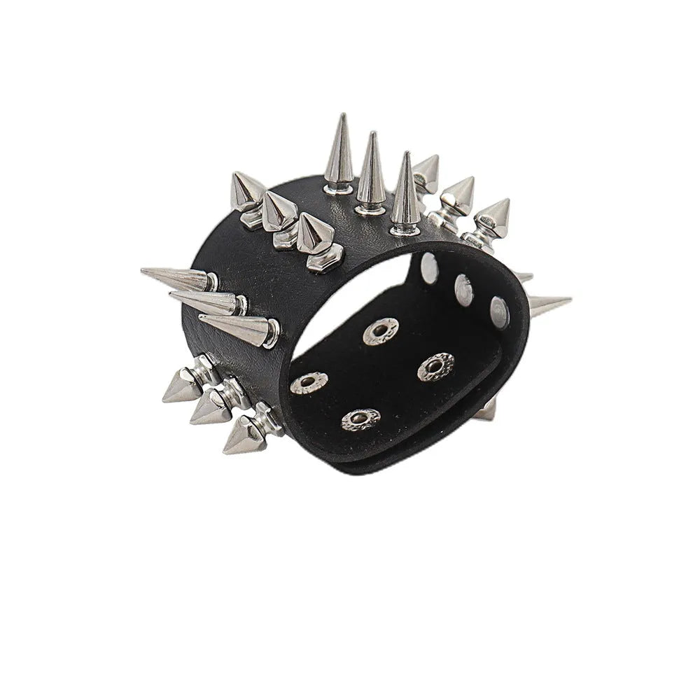 Black punk style rivet PU leather bracelet on surface, geometric tapered shape, unisex design