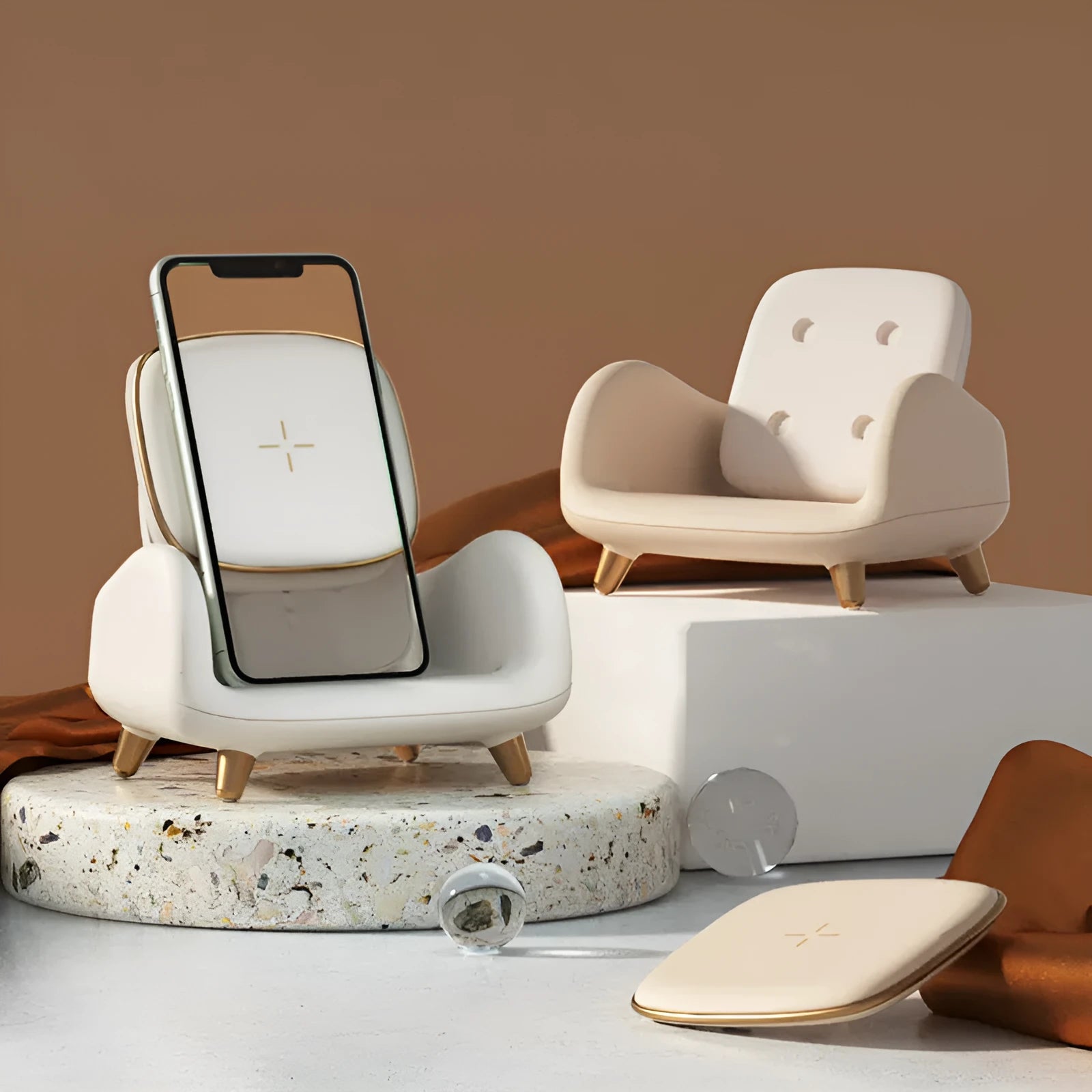 White wireless fast charger pad with USB interface on a desk