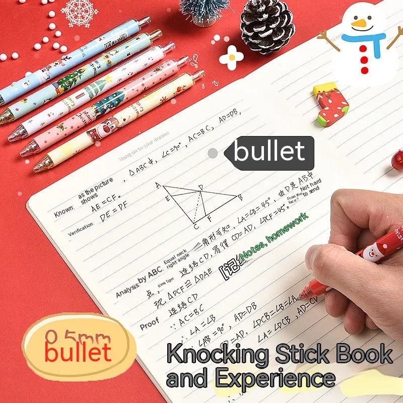 Set of six black ink signature pens with colourful cartoon design on plastic shells.