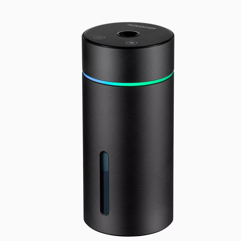 Black aluminium alloy portable car air humidifier and essential oil diffuser with night light on