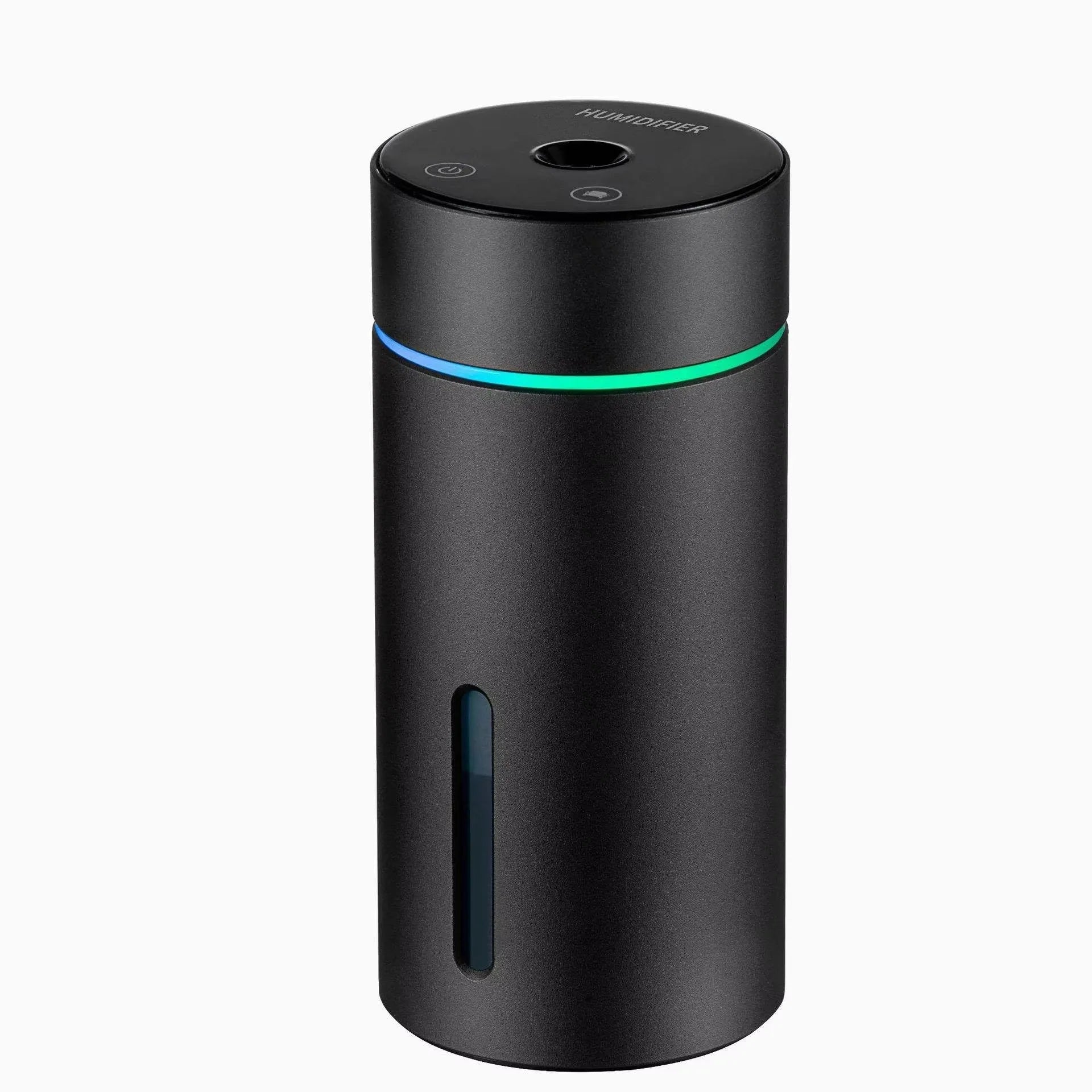 Black aluminium alloy portable car air humidifier and essential oil diffuser with night light on