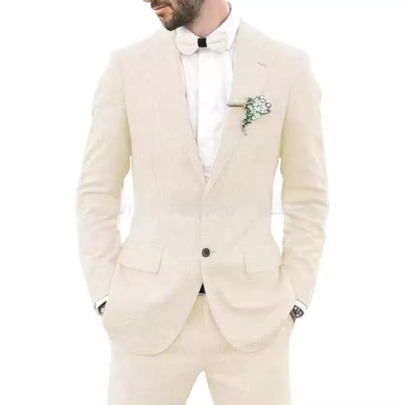 Men's slim fit suit with hemp blend linen fabric in multiple colour options
