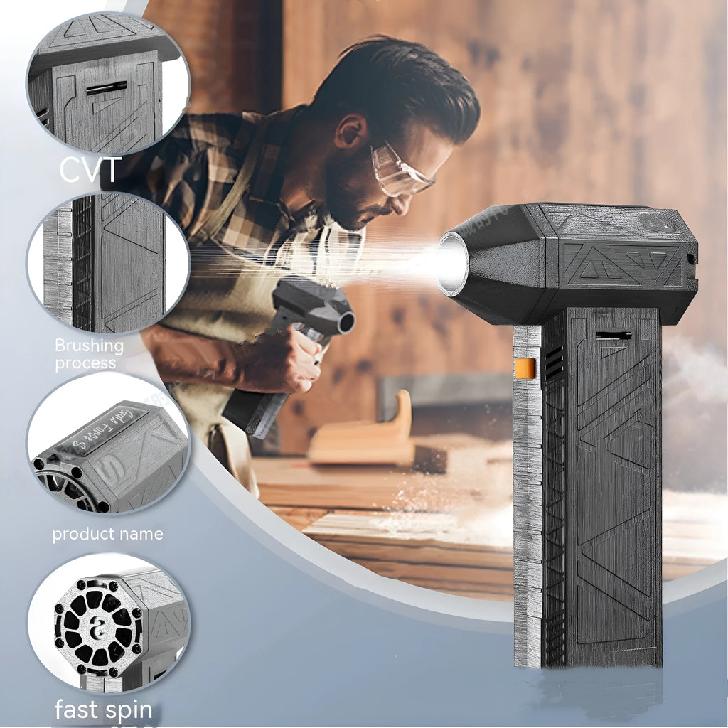 Iron Grey cordless handheld turbo fan air duster blower with brushless motor on a workbench.