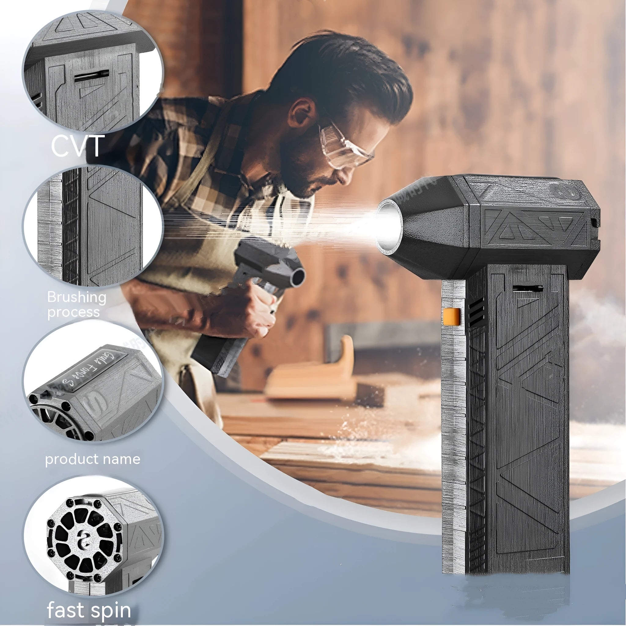 Iron Grey cordless handheld turbo fan air duster blower with brushless motor on a workbench.