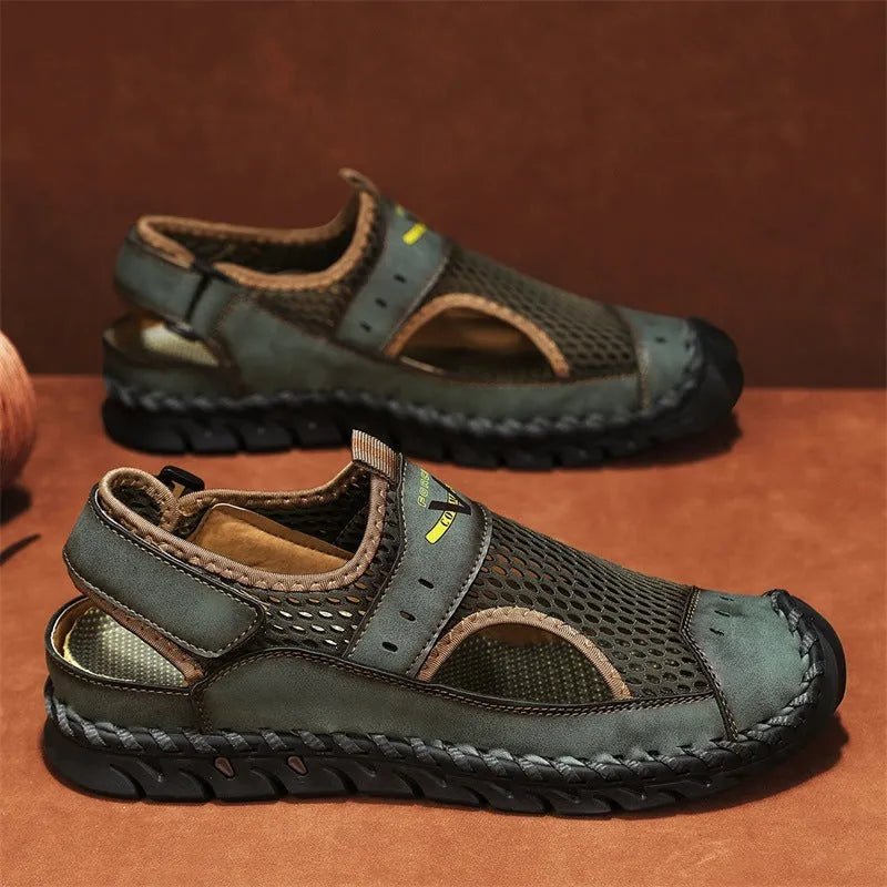 Men's brown leather mesh breathable pumps with elastic band and round toe design