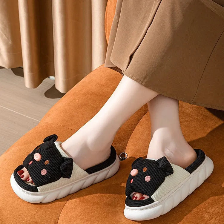 Piggy Cute Couple open-toe linen slippers in various colours, showing sewn PVC sole.