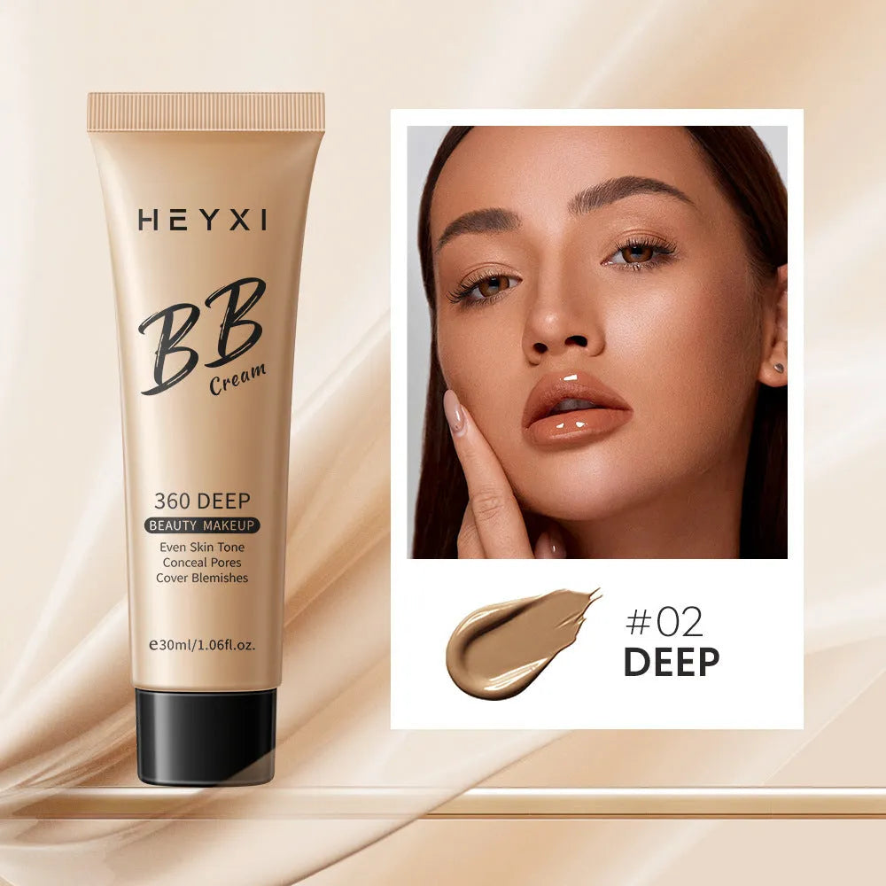 BB cream cosmetic tube in one of four shades (01, 02, 03, 04), waterproof and sweat-resistant formulation.
