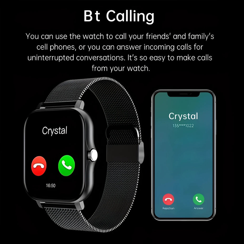 Black and gold smart watch with 1.44-inch touch screen and silicone strap on a wrist