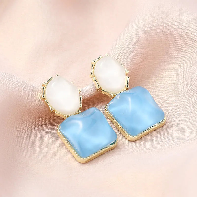 Contrast colour water ripple geometric square earrings in forest green, electroplated alloy, 1.5cm, women's Korean style jewellery