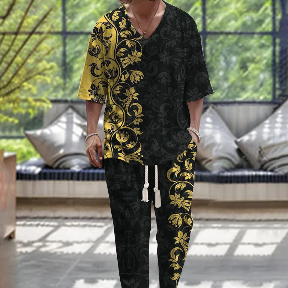 V-neck cropped sleeve jacket and matching trousers suit in a thin polyester fabric