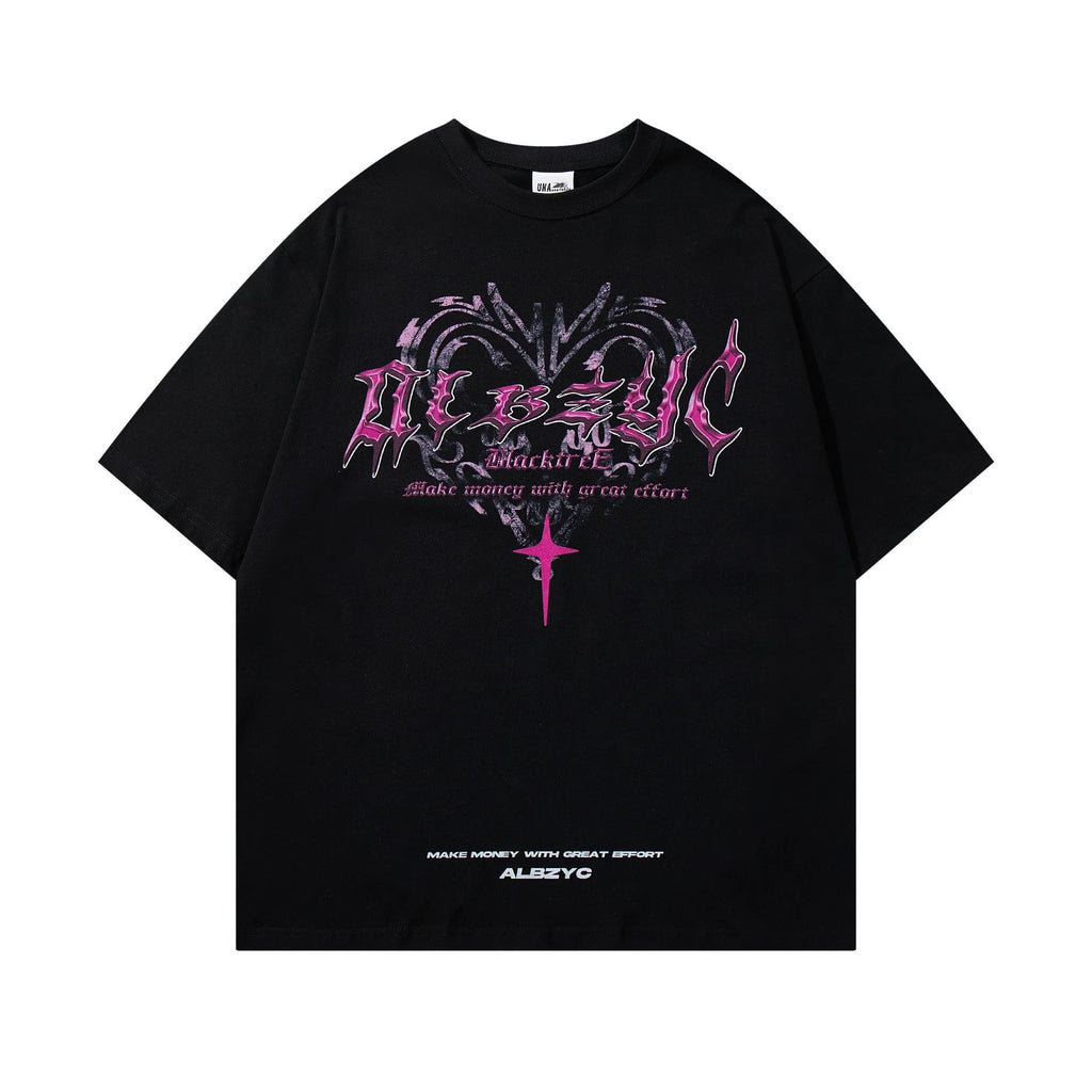 Men's retro printed cotton short sleeve T-shirt in loose fit available in white and black