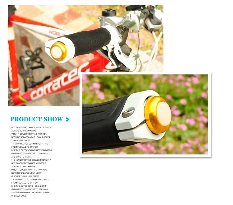 A pair of anodised aluminium bicycle handlebar end lights in a choice of colours, showing the red LED and white rubber switch.