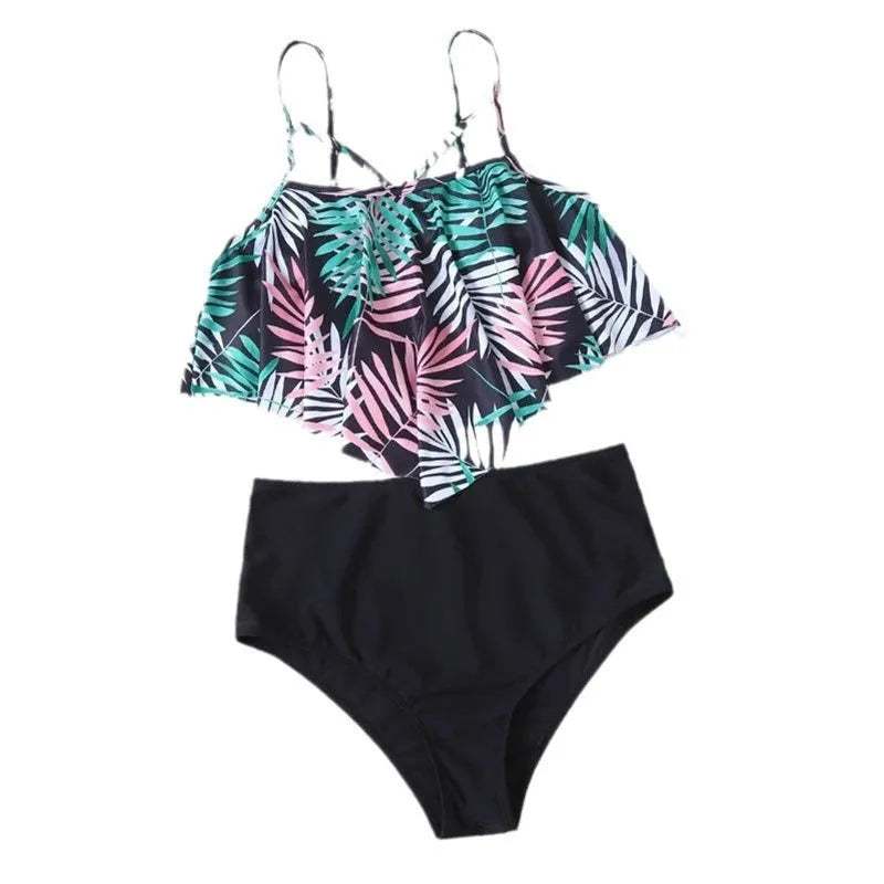 Women's floral high waist bikini swimsuit with quick-dry polyester fabric