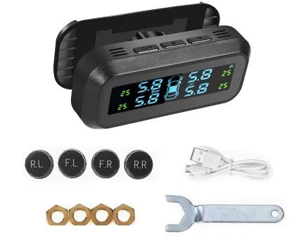 Wireless solar car tyre monitor with colour screen display and external sensors for tyre pressure and temperature monitoring