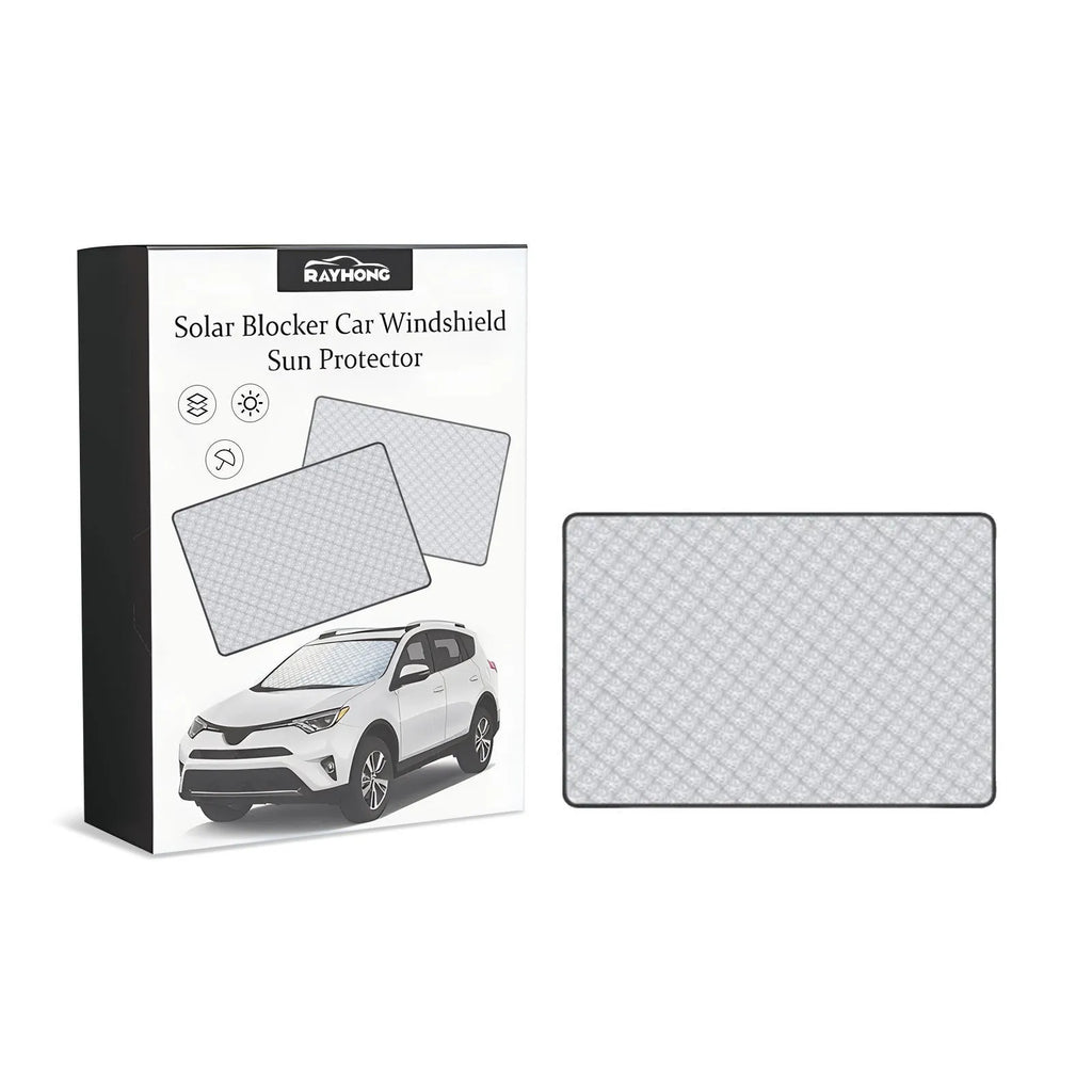 Car windshield snow cover made of silver aluminium film and nylon, size 140cm by 95cm.