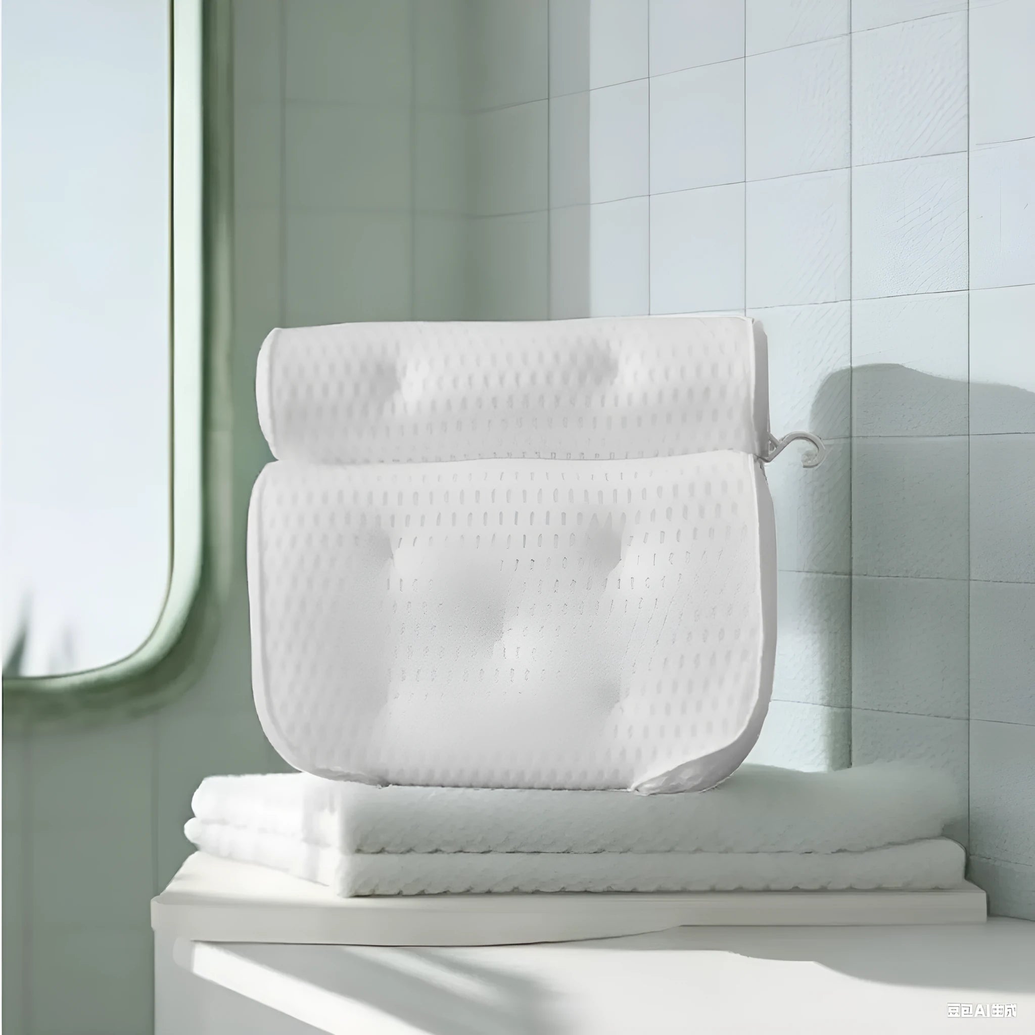 White 4D mesh bathtub pillow with suction cups on a bathtub