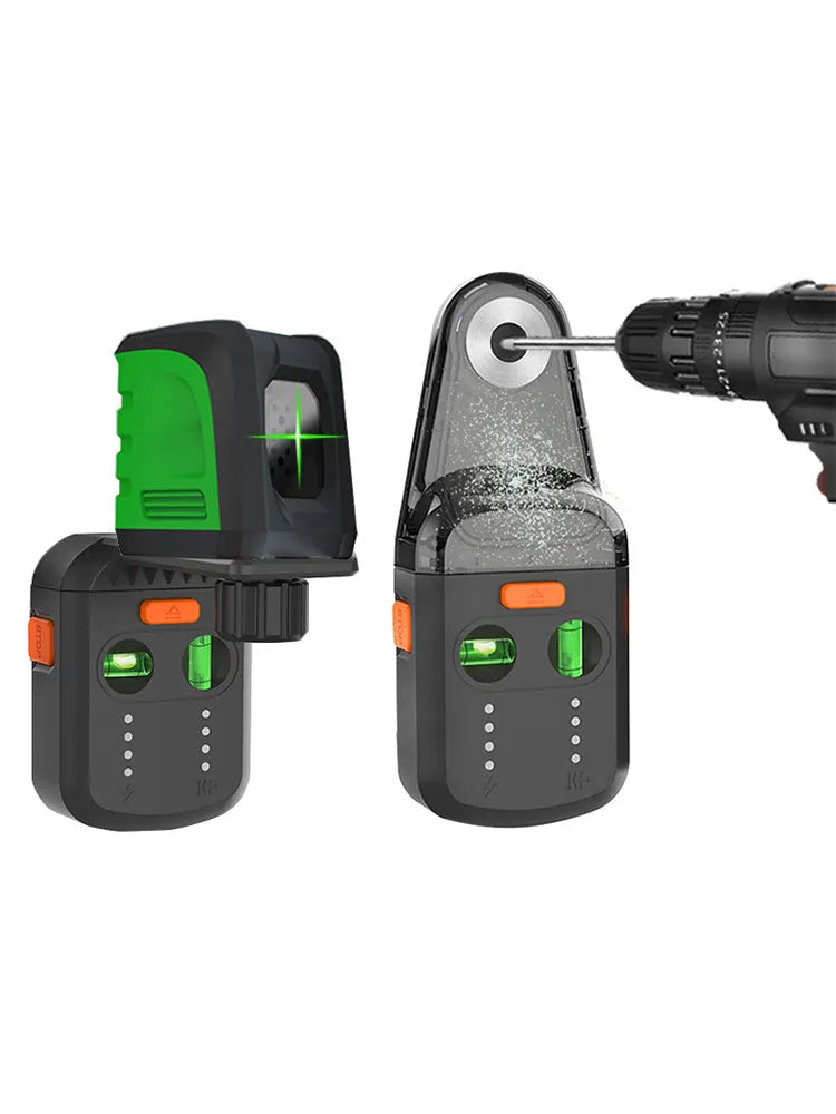 Electric hammer drill cover with red laser level and dust collection indicator showing dimensions 77x52x190mm