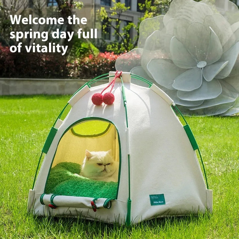 Cloth dome-shaped cat tent with optional thick pad, serving as a pet bed and cage.