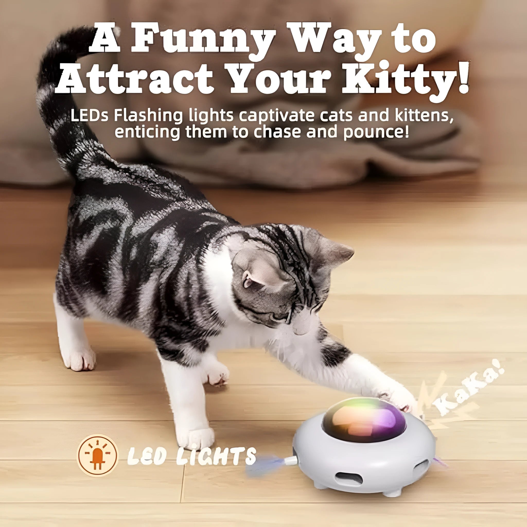 White automatic cat toy with colourful feathers and LED lights for indoor play