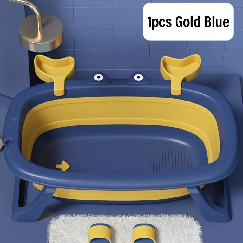 Blue foldable portable pet bath tub for small dogs and cats on a non-slip base.