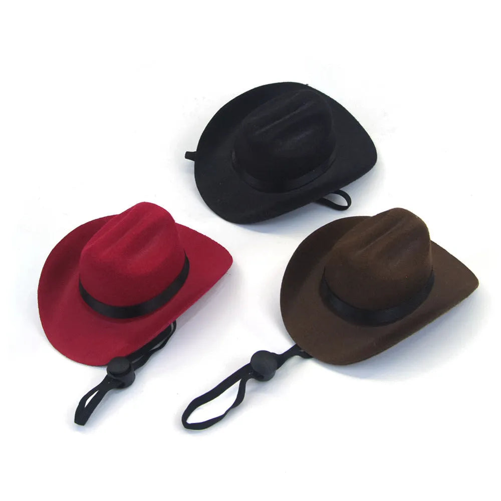 Adjustable cowboy hat for pets in black, brown, burgundy, or coffee on a dog