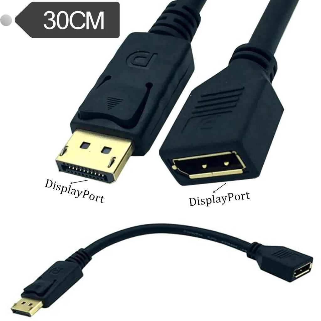 Black DP male to female extension cable 0.3 metres with standard connectors
