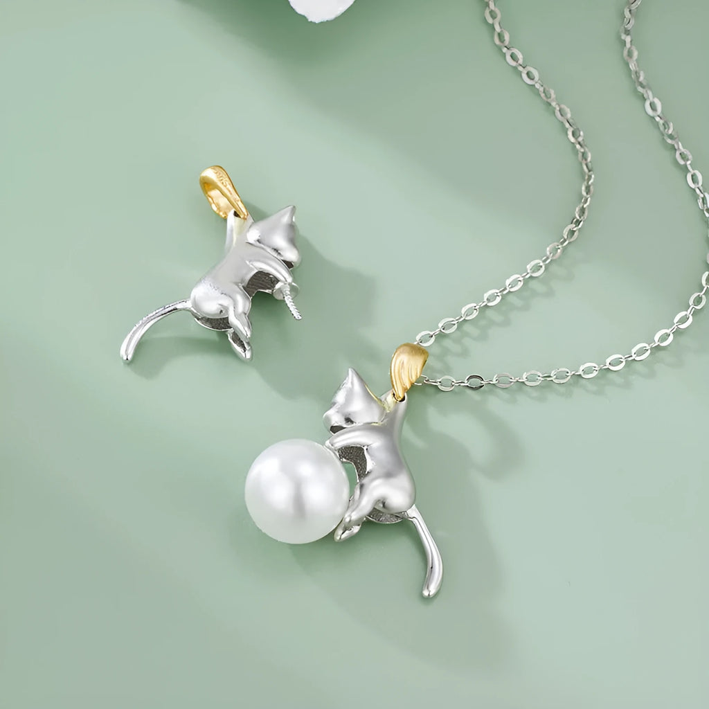 Sterling silver clavicle chain necklace with cat pendant, electroplated 925 silver jewellery