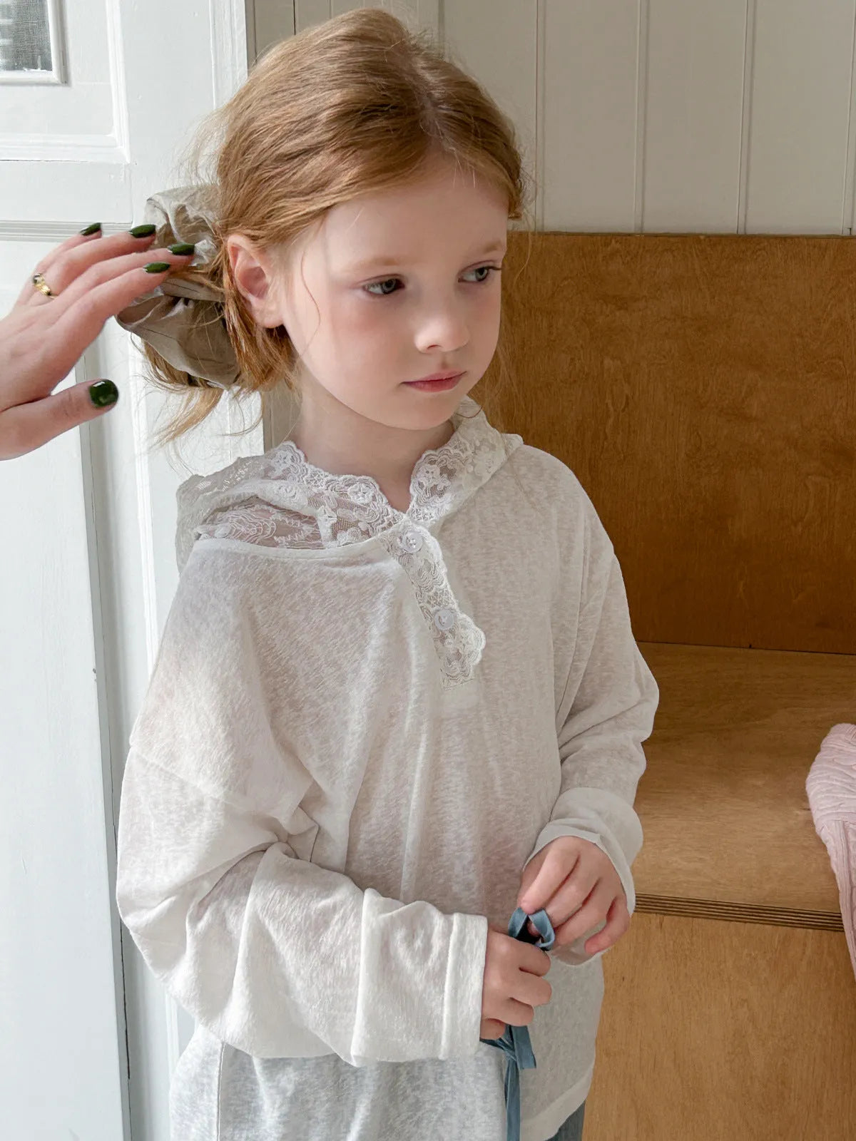 Girls' knitted cotton bottoming shirt top in white for 90-150cm height