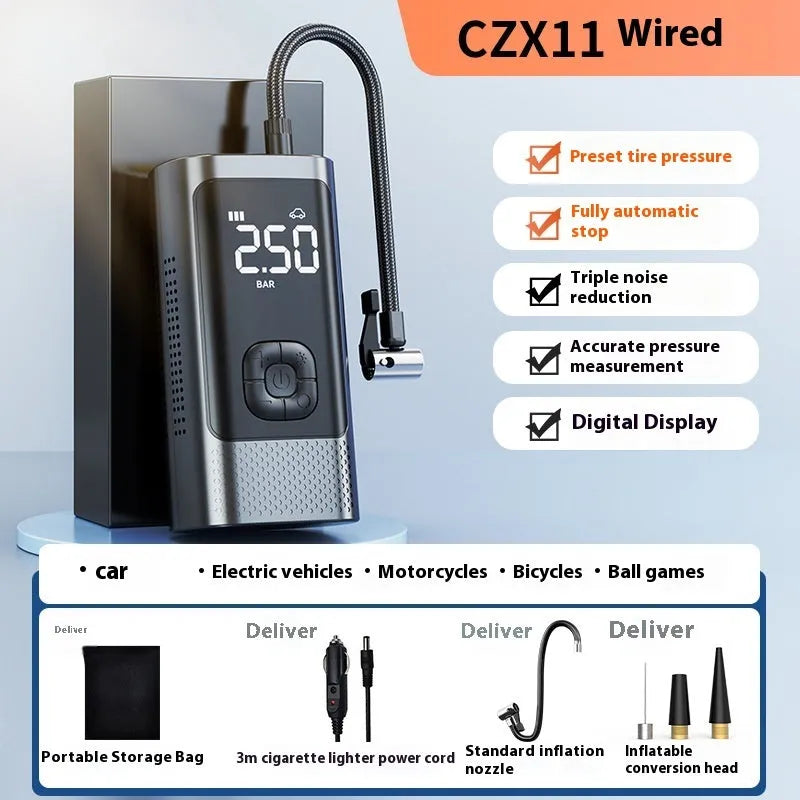 Car mounted wireless inflation tyre inflator ABS rechargeable 45L/min with pressure gauge and 3m power cord