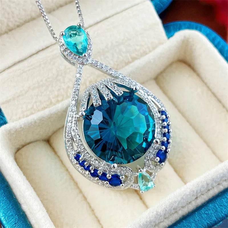 Women's geometric blue crystal necklace on water wave chain