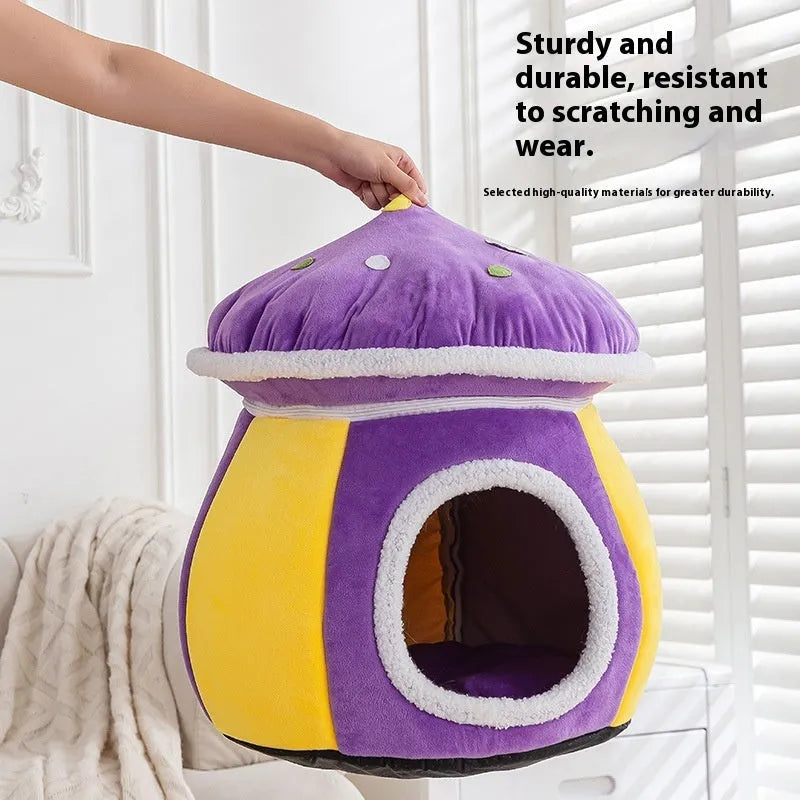 Grey mushroom-shaped plush cat bed on a white background.