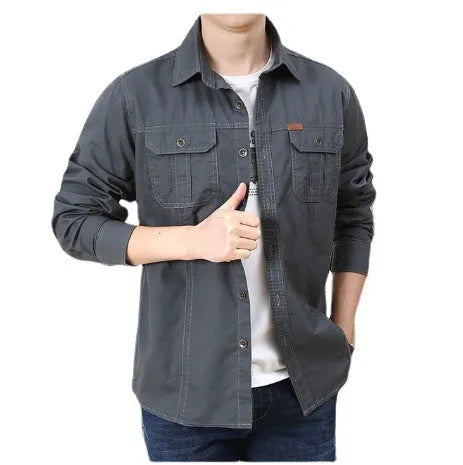 Cotton men's shirt in loose fit long sleeve military style, available in beige and other colours