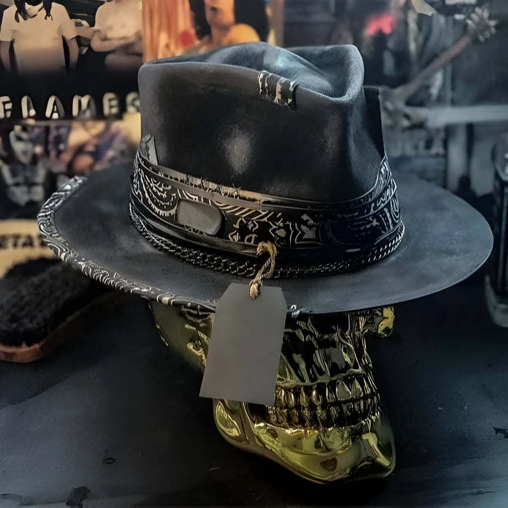 Handmade wool felt skull hat with a conical crown on a model, monochrome print.