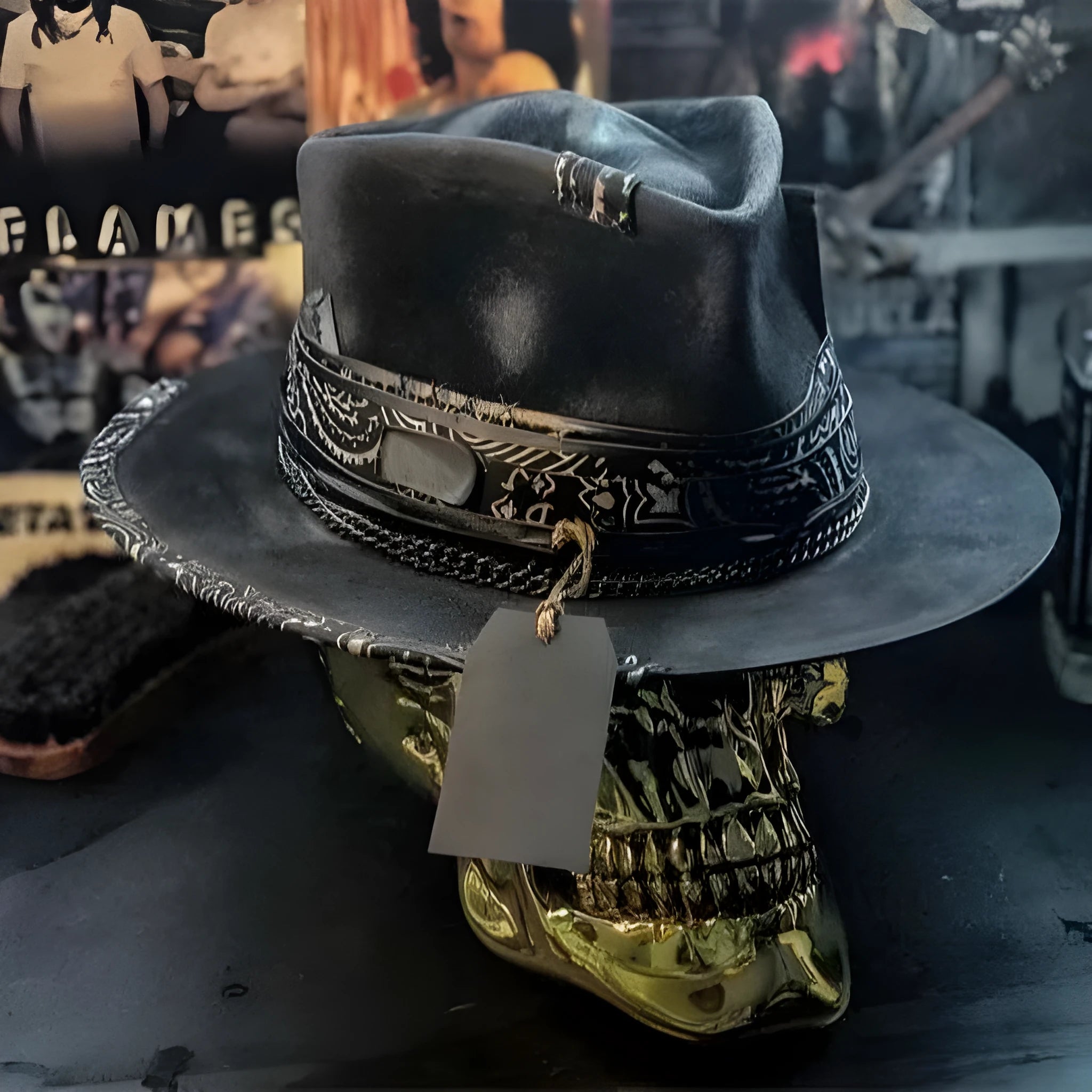 Handmade wool felt skull hat with a conical crown on a model, monochrome print.