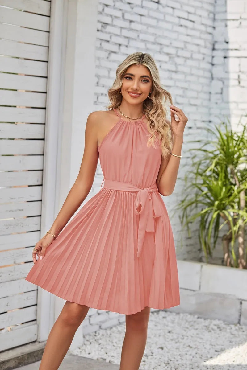 Women's black chiffon halter dress with pleated skirt and adjustable waist for summer