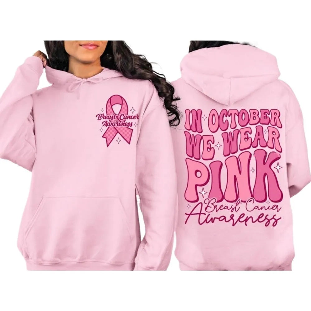 Breast Cancer Awareness hoodie with retro pattern and side seam pocket in pink colour.