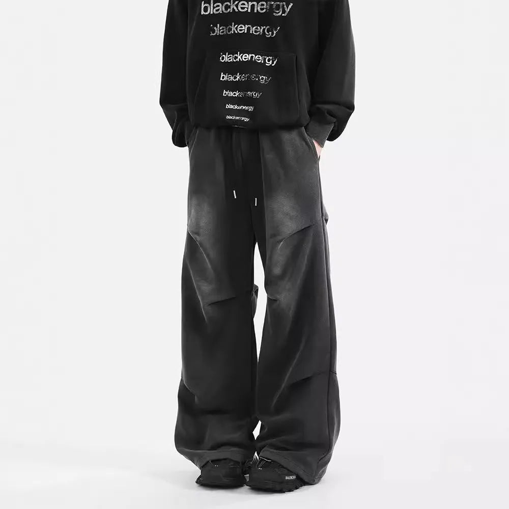 Men's straight loose cotton sweatpants with pleated design, elastic waist, in black and gray, sizes S-XXXL