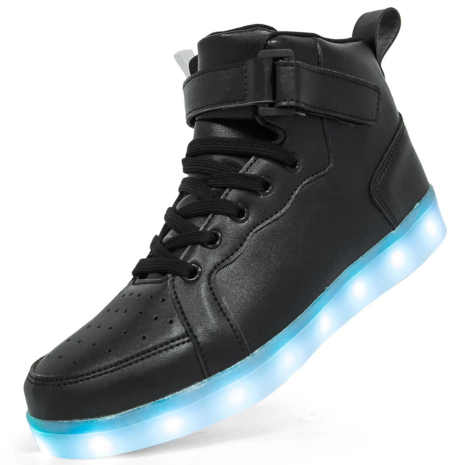 LED light-up high-top board shoes in black with velcro strap and rubber sole.